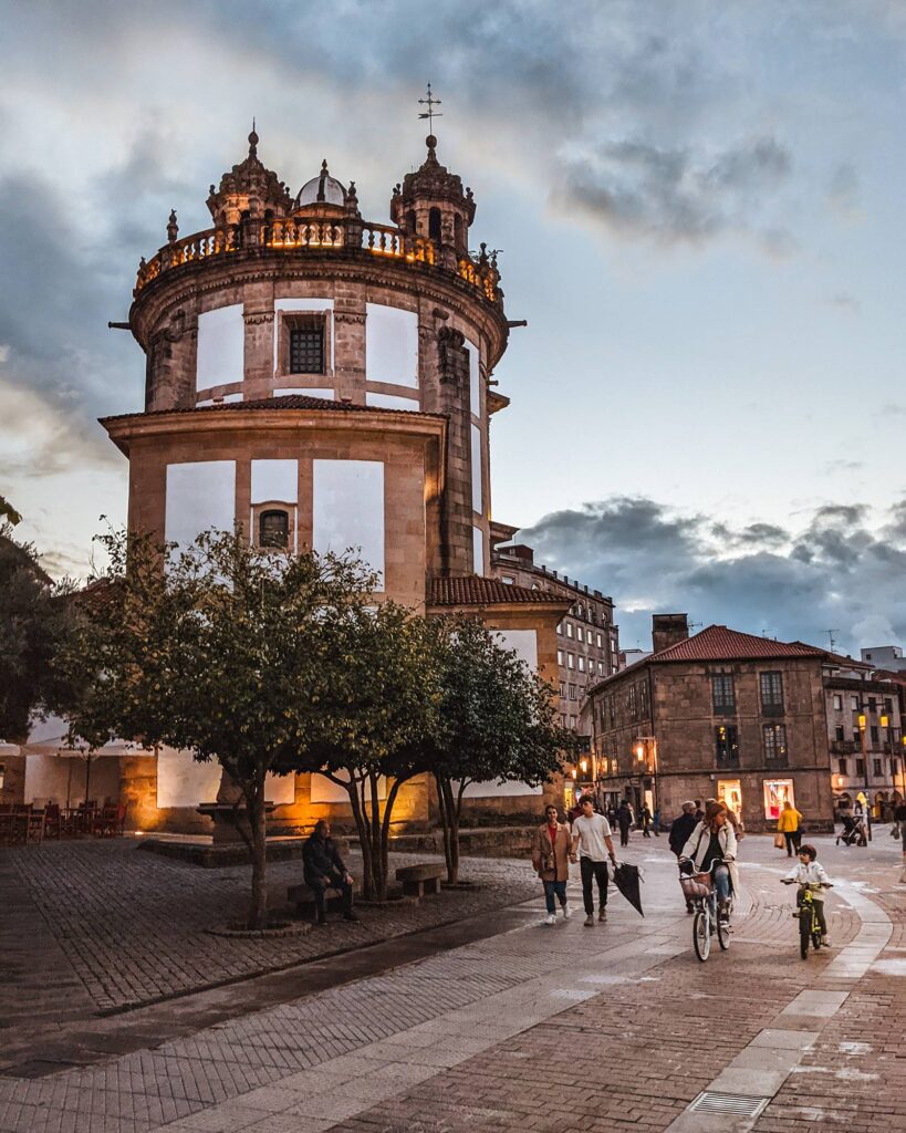 People walking and biking in the evening in Pontevedra